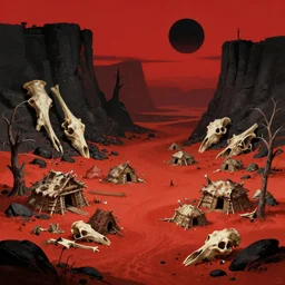 Orc Village with huts and tents made of bone and hide in a red sand wasteland with black rocks and black cliffs, Black sun in the red sky, Large animal bones, dead trees, a fantasy digital painting by Greg Rutkowski and James Gurney, trending on Artstation, highly detailed