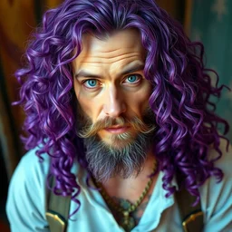 walter white with long purple curly hair, dye