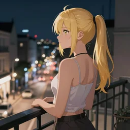a blonde, ponytailed woman stands on her balcony looking out at a city street at night, anime style