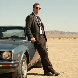 Saul Goodman leaning against his car in the desert