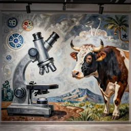 a mural of a cow bull looking into a microscope with cells research Picasso guernica