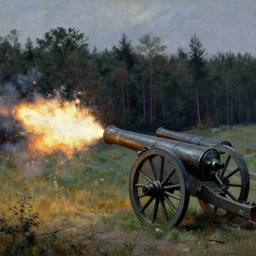 cannons firing to the left, artillery, indirect fire, ww 1, forest clearing background, at night, oil on canvas, bloom highlights, view from the ground, poster art, darkness, video game art, digital art, fine brushstrokes, hdr, 4 k