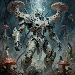 asura from chinese myth, taoism of chinese, ghost weared mecha, flowing mucus, organic fractal mycelum and fungi, stunning atmosphere, painting by zdzislaw, ayami kojima, yamamoto, barclay shaw, karol bak, hyperrealist, 8 k