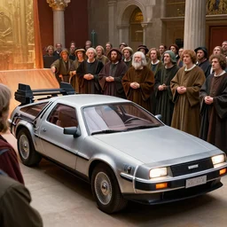 a renaissance picture of the unveiling of a delorian car to a crowd of amazed scholars