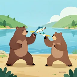 kodiak bears kung - fu fighting on a lakefront using salmon as weapons, in the style of the flintstones, hanna - barbera.