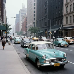 street view of a city in 1950, cars and traffic
