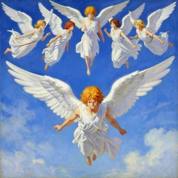 vision of angels - a painting of an angel flying in the sky, with a group of angels flying above it by eiichiro oda and lawren harris, style of 6 0 s kitsch and psychedelia