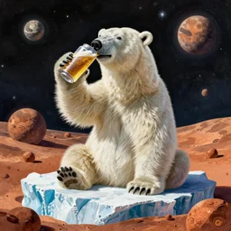 polar bear on iceberg in mars drinking beer and have a beer can in hand, outer space, planet mars, illustration, computer painting, high resolution,, trending on deviantart, hdr, hyper detailed, insane details, intricate, elite, ornate, dramatic lighting