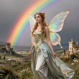 a beautiful fairy wearing a silk gown, in a lord of the rings scenery landscape, rainbowshift, by maxfield parrish, artgerm