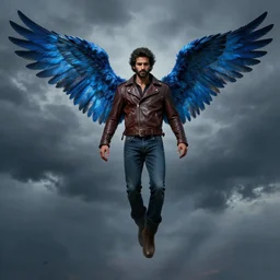 beardless angel avan jogia with blue-feather wings. Leather jacket, boots and jeans. Floating in a stormy sky. Distant full body shot. Artwork by Alex Ross