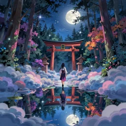 reimu walking in a cloud pond forest, shrine, dreamscape, cinematic, shooting stars, mirror reflection, midnight, moon glow, vibrant colors, digital anime illustration, award winning, by makoto shinkai