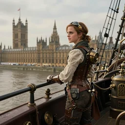 Emma Watson as a steampunk airship pilot standing on the bridge of her airship, looking out over Victorian London, houses of parliament, 1850, digital steampunk art, trending on ArtStation