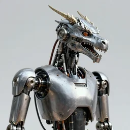 a robot with metal plating, hydraulics, and exposed wires. It has a head modeled after a dragons head. Digital art