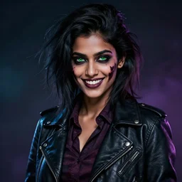 epic professional digital airbrushed portrait art of a fit and athletic, extremely attractive mid-20s East Indian supermodel emo female zombie, smiling, perfectly symmetrical face, wearing a shirt under a leather jacket, with deep green eyes, scary portrait, walking dead, best on artstation, cgsociety, wlop, Behance, pixiv, cosmic, epic, stunning, gorgeous, glamour lighting, glamour head-shot, torso slightly right, face to camera, masterpiece by Dorian Cleavanger and Stanley Lau