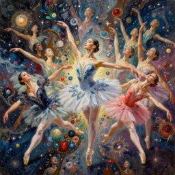 fantastic beautiful women ballet dancer into ultra high resolution hyperspace with myriads of details, infinity variations of colours mass, mid shot, mark maggiori, jeff dekal, jeff simpson, intricate details, hyperrealistic oil painting on canvas, deep depth field, hd, hdr, 4 k, 8 k