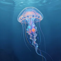 a hyper detailed painting of a cyberpunk jellyfish, cables everywhere, blue tones, underwater, highly detailed, digital painting, artstation, concept art, smooth, sharp focus, illustration, art by artgerm and greg rutkowski and alphonse mucha