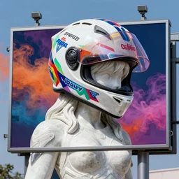 billboard advertisement with an extremely beautiful photo of a white marble statue of an anime girl with colorful motocross logos and motorcycle helmet with closed visor, colorful smoke in the background, carved marble statue, fine art, neon genesis evangelion, virgil abloh, offwhite, denoise, highly detailed, 8 k, hyperreal