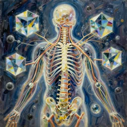 a beautiful painting by robert proch of human nervous system with spinal skeleton surrounded with geometric luminous polished glass cubes, carbon, oxyd and glass materials, anatomical study, brushstrokes by jeremy mann