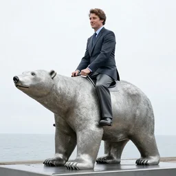pierre trudeau riding a polar bear, metal sculpture