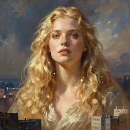 a beautiful giant woman over a city, blonde, long hair, by greg rutkowski