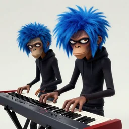 2 d gorillaz playing a keyboard, messy blue hair, gorillaz style, jamie hewlett, digital art
