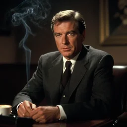 roger moore as the saint, smoke filled room, film noir lighting, film still