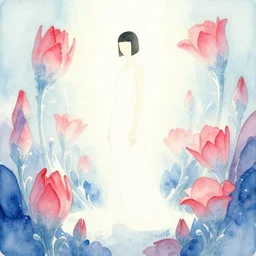 technopriestess in a futuristic ice flower garden. watercolor by moebius, clamp and arina tanemura, backlighting, vibrant palette, minimalism.