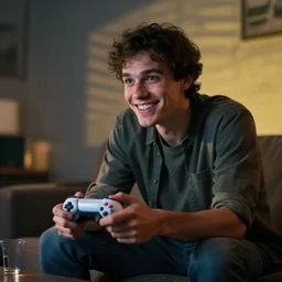 beautiful cinematic hyperrealistic portrait with shadows and lights cinematic fantastic scene where a happy man appears playing with a video game console controller