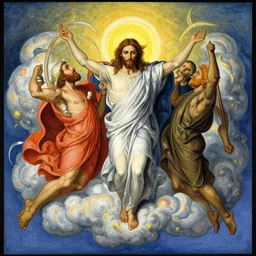god and jesus in the heavens, by moebius, colorful, by gustave dore