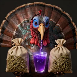 snopp dogg holding pounds of weed turkey bags, accurate details, detailed face, purple liquid in cup glowing, fantasy, dramatic, intricate, elegant, highly detailed, digital painting, artstation, concept art, smooth, sharp focus, illustration, art by Gustave Dore, octane render