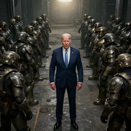 joe biden as president in fallout 2 enclave base surrounded by soldiers in power armor, game screenshot