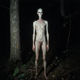 1975 photo of slenderman in the forest, night, detailed