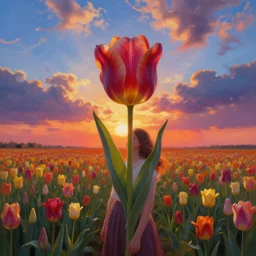 girl with one single giant tulip as a head, surreal photography, flower field, sunset dramatic light, impressionist painting, colorful clouds, blue sky, digital painting, artstation, simon stalenhag