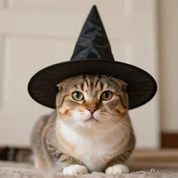 photograph of a cat with witch's hat
