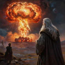 a beautiful painting of gandalf watching a nuclear explosion on an alien world, ray traced lighting by jean kalin popov and greg rutkowski