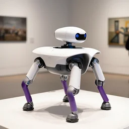 a white boston dynamics robot spot with a purple leg in a gallery