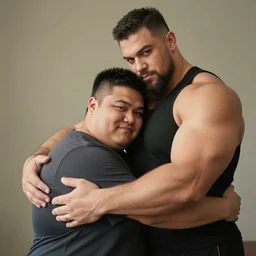 a big muscular guy hugging his short fat boyfriend