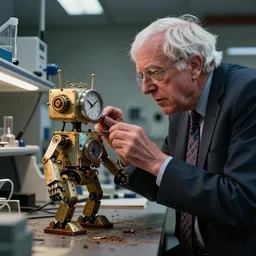 bernie sanders putting the finishing touches on a cute clockwork doomsday robot, cinematic moody lighting, sharp focus, dirty laboratory, imax