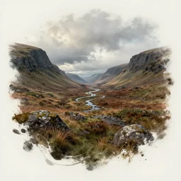 scotland landscape splash art graphic design art, fantasy, highly detailed, art by greg rutkowski
