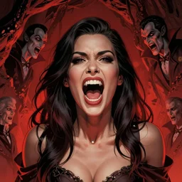 David Baldeon comic art, Joshua Middleton comic art:: detailed woman Stella Maeve who is screaming, facing forward towards camera, The interior of an cave lit in red, a few detailed face vampires
