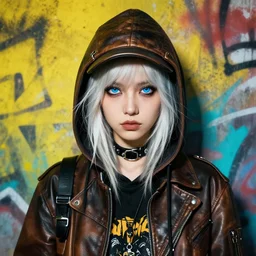 highly detailed portrait of a sewer punk lady student, blue eyes, leather hoody, hat, white hair by atey ghailan, by greg tocchini, by james gilleard, by kaethe butcher, gradient yellow, black, brown and cyan color scheme, grunge aesthetic!!! ( ( graffiti tag wall background ) )