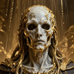 Hyper realistic god of death portrait with melting face, gold raining in the background, Cinematic lighting, ultra super good realistic 3D render by Gerald Brom and Zdzisław Beksiński, insanely detailed, trending on artstation, 8k