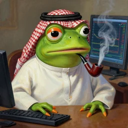 portrait of pepe the frog wearing saudi qamis smoking pipe front of the computer, stock price chart on computer screen, ( 1 7 th century ), digital art, wet - on - wet technique, realistic, expressive emotions, intricate textures, illusionistic detail, peter mohrbacher, epic, artstation