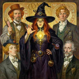 portrait of a witch casting a spell. steampunk style. painted by barbara canepa and alessandro barbucci and tony sandoval, wlop, loish, caravaggio, mucha, magritte.