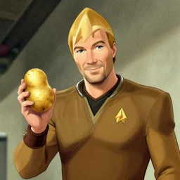 captain picard smiling holding holding a potato, illustration by wadim kashin