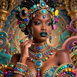 the portrait of the absurdly beautiful, graceful, elegant, gorgeous, fashionable black female made with colorful jewelry, an ultrafine hyperdetailed photograph by irakli nadar, intricate linework, bright colors, octopath traveler, final fantasy, unreal engine highly rendered, global illumination, radiant light, intricate environment