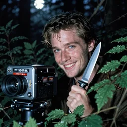 Moonlit long shot of Shia Labeouf, eyes glinting, smiling eerily and holding a knife, peering through foliage in the forest at night, Eastman Color Negative II 100T 5247, ARRIFLEX 35 BL Camera