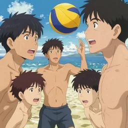 a film still japanese young men playing beachvolley on a sunny beach in summer, finely detailed features, closeup at the faces, perfect art, dramatic light, trending on pixiv fanbox, painted by greg rutkowski makoto shinkai takashi takeuchi studio ghibli, akihiko yoshida