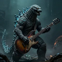 Godzilla playing the electric guitar, dark fantasy