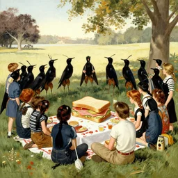 Fireants on strike, forming a picketing line around a ham sandwich at a picnic, by Norman Rockwell